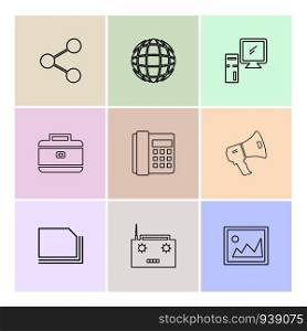 share , speaker , telephone , image ,breifcase , computer, radio , card ,icon, vector, design, flat, collection, style, creative, icons