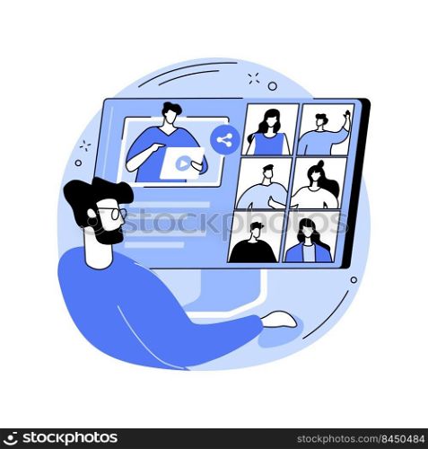 Share videos isolated cartoon vector illustrations. Group of people sharing video via online teaching app, virtual classrooms, video conferencing, data visualizations vector cartoon.. Share videos isolated cartoon vector illustrations.
