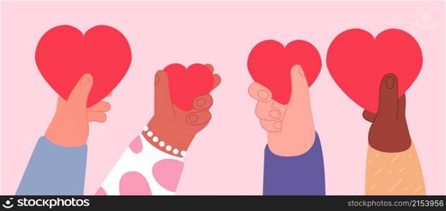 Share your love. Help united, volunteering holidays. Hand holding hearts, hope concept. Positive emotions, protect peace utter vector banner. Illustration of charity group with red heart support. Share your love. Help united, volunteering holidays. Hand holding hearts, hope concept. Positive emotions, protect peace utter vector banner
