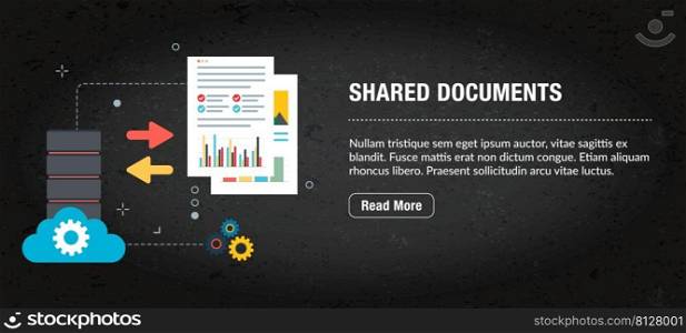 Shared documents concept banner internet with icons in vector. Web banner template for website, banner internet for mobile design and social media apps. Business and communication layout with icons.