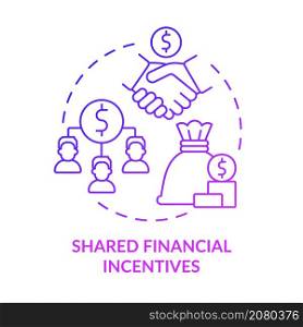 Shared financial incentives purple gradient concept icon. Teamwork motivation for growth abstract idea thin line illustration. Isolated outline drawing. Roboto-Medium, Myriad Pro-Bold fonts used. Shared financial incentives purple gradient concept icon