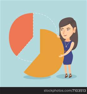 Shareholder taking share of financial pie chart. Cheerful shareholder getting her share of profit. Young caucasian business woman sharing profit. Vector cartoon illustration. Square layout.. Young shareholder taking the share of profit.