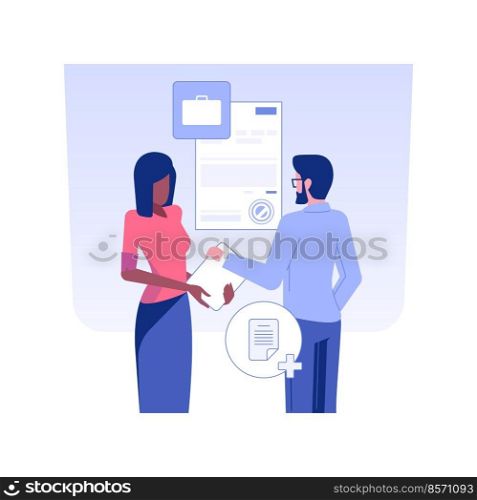 Shares in a company isolated concept vector illustration. Happy worker receiving share certificate, business etiquette, corporate culture, company rules and benefits vector concept.. Shares in a company isolated concept vector illustration.