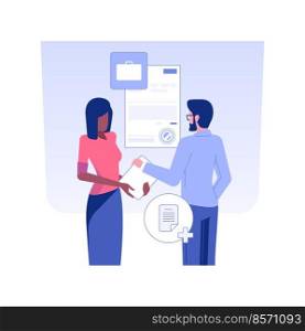Shares in a company isolated concept vector illustration. Happy worker receiving share certificate, business etiquette, corporate culture, company rules and benefits vector concept.. Shares in a company isolated concept vector illustration.