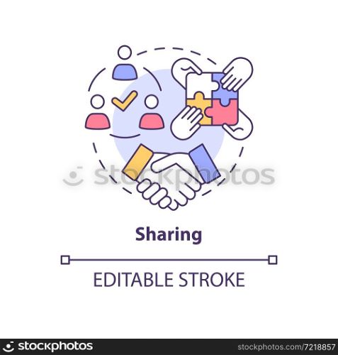 Sharing concept icon. Divide and allocate personal resources. Knowledge sharing in organization abstract idea thin line illustration. Vector isolated outline color drawing. Editable stroke. Sharing concept icon