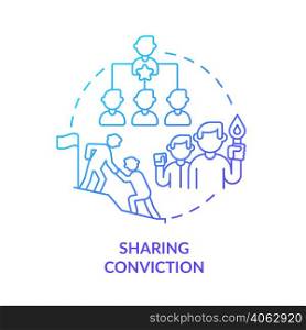 Sharing conviction blue gradient concept icon. Influencing and inspire. Charismatic people characteristic abstract idea thin line illustration. Isolated outline drawing. Myriad Pro-Bold font used. Sharing conviction blue gradient concept icon