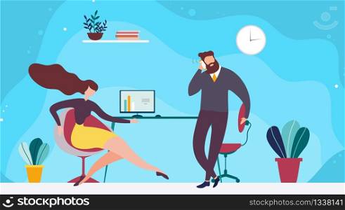 Sharing Coworking Office Space Flat Illustration. Cartoon Woman Employee Drawing Graphics on Computer. Man Coworker Having Business Call. Vector People Working Together. Business Workspace. Sharing Coworking Office Space Flat Illustration