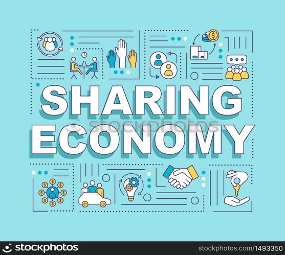 Sharing economy word concepts banner. Innovative business model, P2P services exchange infographics with linear icons on blue background. Isolated typography. Vector outline RGB color illustration. Sharing economy word concepts banner