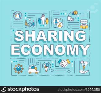 Sharing economy word concepts banner. Innovative business model, P2P services exchange infographics with linear icons on blue background. Isolated typography. Vector outline RGB color illustration. Sharing economy word concepts banner