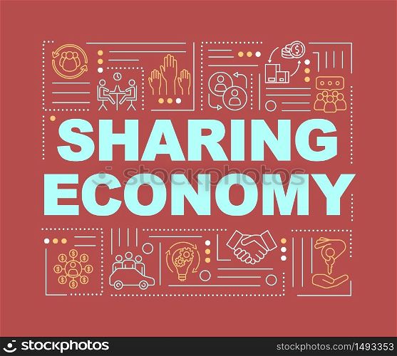 Sharing economy word concepts banner. Peer to peer business model, collaborative economiy infographics with linear icons on red background. Isolated typography. Vector outline RGB color illustration. Sharing economy word concepts banner
