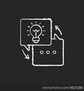 Sharing experience chalk white icon on black background. Workshop, training.Transfer of the best thoughts and ideas. Light bulb. Fresh perpective. Isolated vector chalkboard illustration. Sharing experience chalk white icon on black background