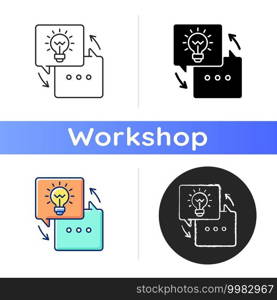 Sharing experience icon. Workshop. Transfer of the best thoughts and ideas. Light bulb. Getting new practical skills. Fresh perpective. Linear black and RGB color styles. Isolated vector illustrations. Sharing experience icon