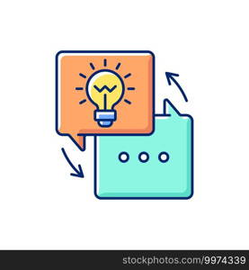 Sharing experience RGB color icon. Workshop. Getting new practical skills. Training participation. Transfer of the best thoughts and ideas. Light bulb. Fresh perpective. Isolated vector illustration. Sharing experience RGB color icon