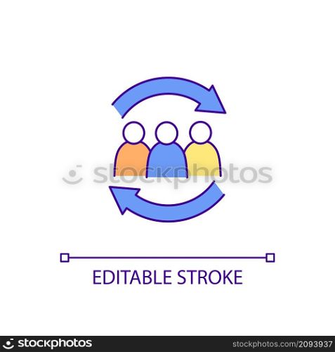 Sharing experience with group RGB color icon. Support group dynamics. Sharing stories with others. Isolated vector illustration. Simple filled line drawing. Editable stroke. Arial font used. Sharing experience with group RGB color icon
