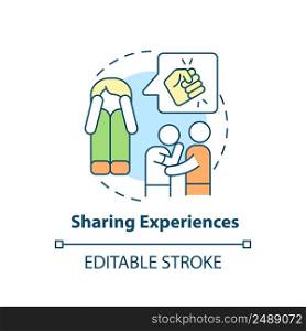 Sharing experiences concept icon. Trauma informed teaching. Modern education abstract idea thin line illustration. Isolated outline drawing. Editable stroke. Arial, Myriad Pro-Bold fonts use. Sharing experiences concept icon