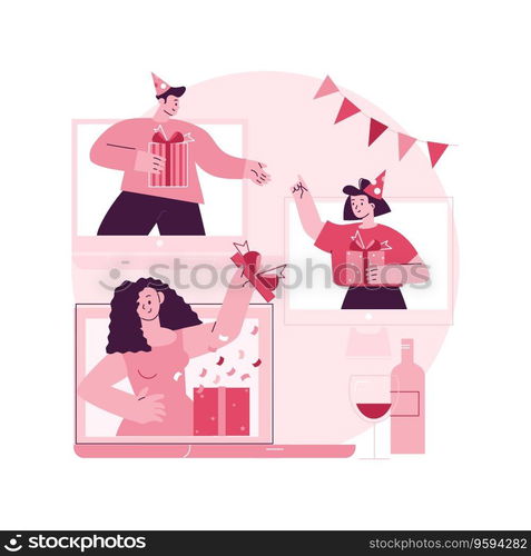 Sharing gifts onli≠abstract concept vector illustration. Onli≠ce≤bration, unpacking present on video, sending greetings on camera, opening gift, virtual party, sharing fun abstract metaphor.. Sharing gifts onli≠abstract concept vector illustration.