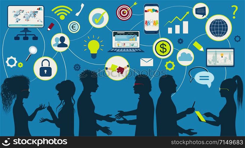 Sharing ideas and technology for the future. Communication and network multi-ethnic group people. Connection and exchange of ideas - data or questions. Upload and download data. Mind Map