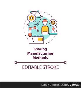 Sharing manufacturing methods concept icon. Production efficiency growth. Product creation data transfer abstract idea thin line illustration. Vector isolated outline color drawing. Editable stroke. Sharing manufacturing methods concept icon