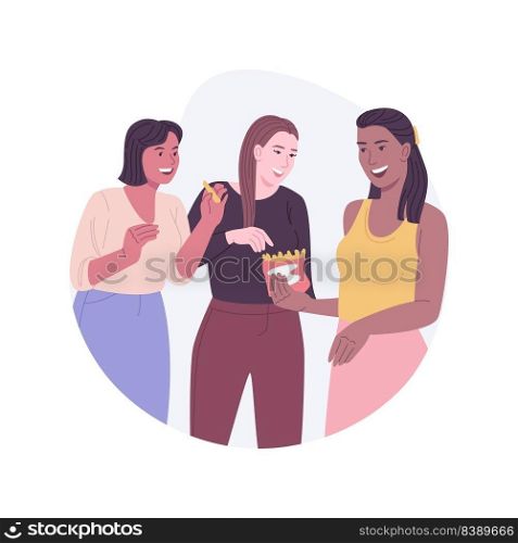 Sharing meal isolated cartoon vector illustrations. Smiling girls eating out together, enjoying tasty meal, have fun when snacking, leisure time, people urban lifestyle vector cartoon.. Sharing meal isolated cartoon vector illustrations.
