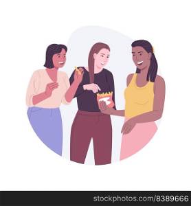 Sharing meal isolated cartoon vector illustrations. Smiling girls eating out together, enjoying tasty meal, have fun when snacking, leisure time, people urban lifestyle vector cartoon.. Sharing meal isolated cartoon vector illustrations.