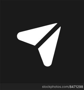 Sharing post dark mode glyph ui icon. Paper plane. Button for social media. User interface design. White silhouette symbol on black space. Solid pictogram for web, mobile. Vector isolated illustration. Sharing post dark mode glyph ui icon