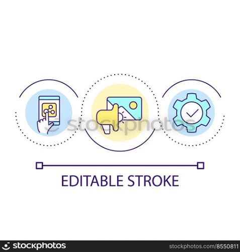Sharing social media post loop concept icon. Promoting web content abstract idea thin line illustration. Popular shareable content. Isolated outline drawing. Editable stroke. Arial font used. Sharing social media post loop concept icon