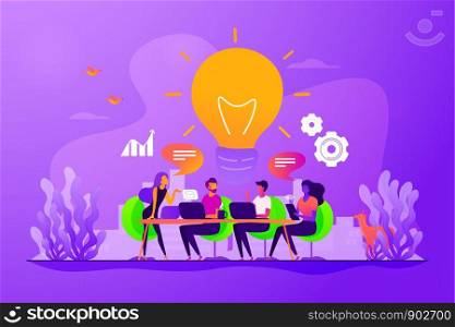 Sharing thoughts, ideas, teamwork in company. Colleagues working on project. Start up launching, business success, brainstorm meeting concept. Vector isolated concept creative illustration. Brainstorm concept vector illustration