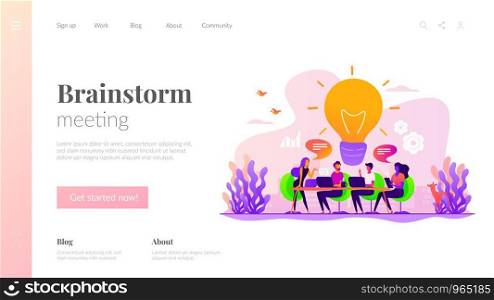 Sharing thoughts, ideas, teamwork in company. Colleagues working on project. Start up launching, business success, brainstorm meeting concept. Website homepage header landing web page template.. Brainstorm landing page template