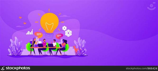 Sharing thoughts, ideas, teamwork in company. Colleagues working on project. Start up launching, business success, brainstorm meeting concept. Header or footer banner template with copy space.. Brainstorm web banner concept