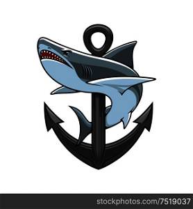 Shark and Anchor heraldic emblem. Vector nautical icons for marine sport club mascot, nautical guard shield, t-shirt. Shark and Anchor heraldic emblem