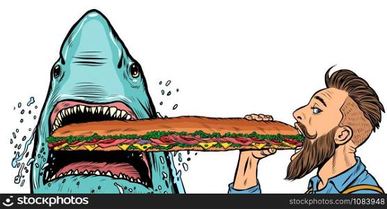 shark and man eating fast food sandwiches. Hunger and street food concept.. Pop art retro vector illustration drawing. shark and man eating fast food sandwiches. Hunger and street food concept.