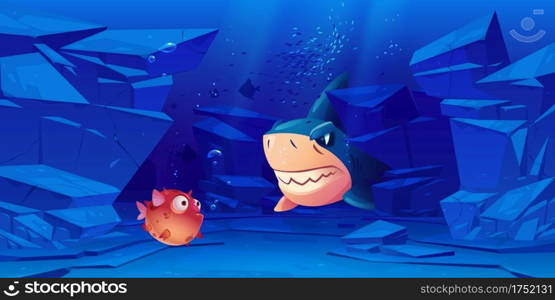 Shark and puffer fish in sea or ocean bottom with rocks around. Underwater creatures with cute and angry faces and big eyes, characters for computer game, marine animals, Cartoon vector illustration. Shark and puffer fish in sea or ocean bottom.