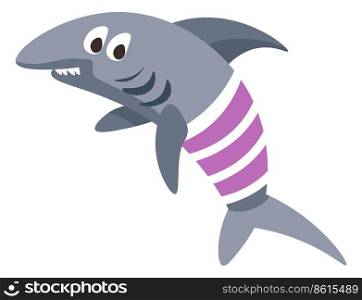 Shark animal in clothes, isolated funny childish character with face on face. Cartoon personage with fins, scuba diving and exploring fauna of oceans and seas. Ecosystem vector in flat style. Funny shark animal character in clothes vector