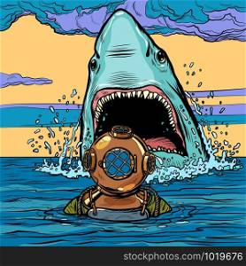 shark attack on diver. Pop art vector illustration drawing. shark attack on diver