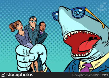 Shark boss business and office staff. Shark boss business and office staff. Comic book cartoon pop art retro illustration. Shark boss business and office staff