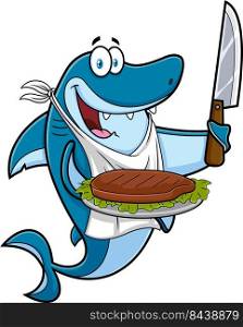 Shark Chef Cartoon Character Showing Grilled Steak On Plate. Vector Hand Drawn Illustration Isolated On White Background