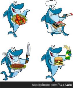 Shark Chef Cartoon Mascot Character Different Poses. Vector Hand Drawn Collection Set Isolated On White Background