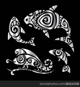 Shark, Fish and Chameleon. Tribal pattern set Polynesian tattoo style. Vector illustration.