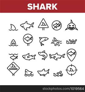 Shark Fish Collection Elements Icons Set Vector Thin Line. Dangerous Shark In Target And On Gps Mark, Human Silhouette In Water And Sharkfin Concept Linear Pictograms. Monochrome Contour Illustrations. Shark Fish Collection Elements Icons Set Vector