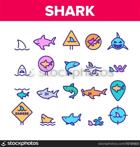 Shark Fish Collection Elements Icons Set Vector Thin Line. Dangerous Shark In Target And On Gps Mark, Human Silhouette In Water And Sharkfin Concept Linear Pictograms. Color Contour Illustrations. Shark Fish Color Elements Icons Set Vector