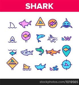 Shark Fish Collection Elements Icons Set Vector Thin Line. Dangerous Shark In Target And On Gps Mark, Human Silhouette In Water And Sharkfin Concept Linear Pictograms. Color Contour Illustrations. Shark Fish Color Elements Icons Set Vector