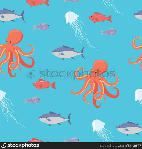 Shark, Fish, Octopus, Jellyfish Endless Texture.. Sea life seamless pattern. Shark, fish, octopus, jellyfish endless texture. Wallpaper design with sea cartoon creatures in flat style design. Sea life animals on blue background. Vector illustration