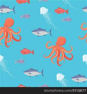 Shark, Fish, Octopus, Jellyfish Endless Texture.. Sea life seamless pattern. Shark, fish, octopus, jellyfish endless texture. Wallpaper design with sea cartoon creatures in flat style design. Sea life animals on blue background. Vector illustration