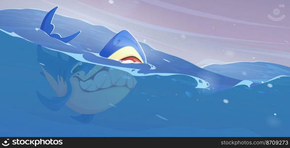 Shark in sea, dangerous fish predator swim in ocean waves. Underwater creature with angry face and big sharp teeth, marine wildlife animal, character for adventure game, Cartoon vector illustration. Shark in sea dangerous fish predator swim in ocean