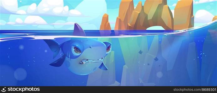 Shark in sea with rocks around. Underwater creature in ocean with fin stick up above water surface. Angry fish predator, game character, marine toothy animal wait prey, Cartoon vector illustration. Shark in sea with rocks around underwater creature