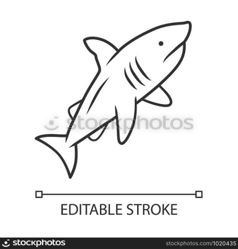 Shark linear icon. Dangerous ocean predator. Swimming fish. Underwater animal, ocean wildlife. Marine fauna. Thin line illustration. Contour symbol. Vector isolated outline drawing. Editable stroke