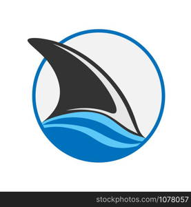 Shark or Dolphin fin is visible above the wave, flat design.