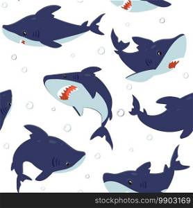 Shark pattern. Cartoon seamless texture with ocean fish and air bubbles underwater. Dangerous predators for decoration textile and wallpaper. Childish sea animal mascot with toothy jaws, vector mockup. Shark pattern. Seamless texture with ocean fish and air bubbles underwater. Dangerous predators for decoration textile and wallpaper. Sea animal mascot with toothy jaws, vector mockup