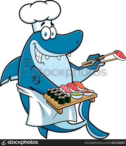 Shark Sushi Chef Cartoon Character Showing Sushi Set Japanese Seafood. Vector Hand Drawn Illustration Isolated On White Background