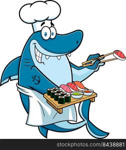 Shark Sushi Chef Cartoon Character Showing Sushi Set Japanese Seafood. Vector Hand Drawn Illustration Isolated On White Background